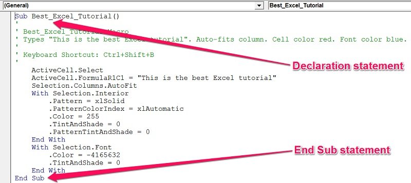 Example of a sub procedure with declaration and end statement