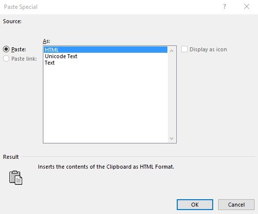 Paste Special dialog in Excel for PDF data