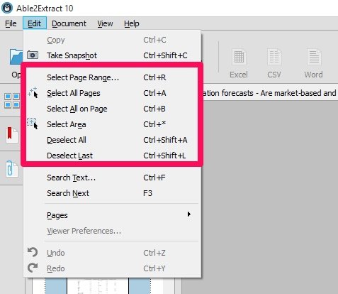 Edit menu to select PDF data