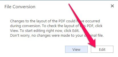 Edit PDF File button for conversion in Word Online