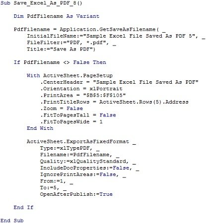 VBA code example to export file to PDF