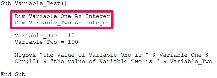 Declared variables in VBA code example